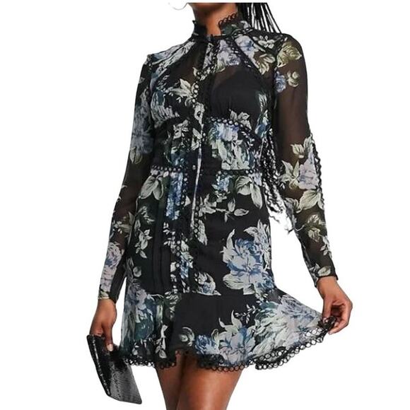 ASOS DESIGN Dark Floral Lace Trim Mini Dress w Cut Out Back Sheer Long Sleeves - Picture 7 of 9